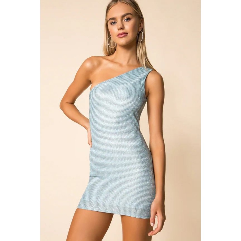 Superdown Light Blue Metallic One Shoulder Mini Dress Shimmer Bodycon‎ Size S